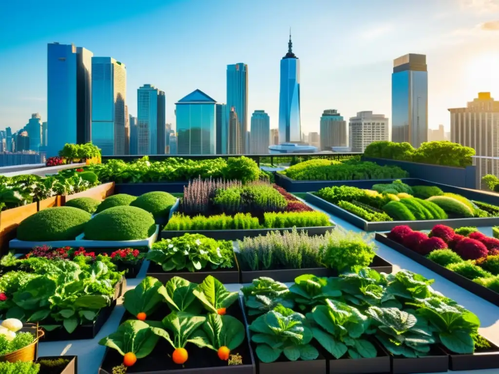 Jardines urbanos: la innovación sostenible en la ciudad Vista urbana moderna con jardines en azoteas llenos de vegetación, frutas y flores, destacando la legislación para agricultura urbana sostenible