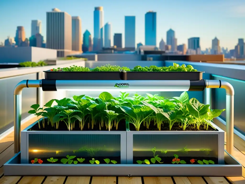 Vista urbana de acuaponía con plantas exuberantes y skyline al fondo