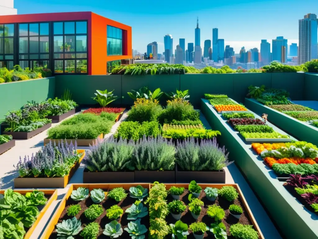 Vista urbana con rascacielos y huertos urbanos llenos de frutas y verduras, transformando espacios urbanos en fuentes de alimento