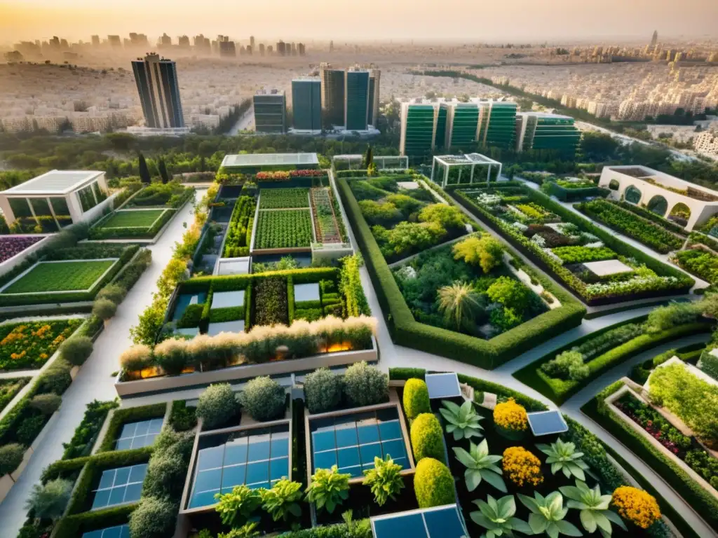 Vista aérea vibrante de agricultura urbana en Oriente Medio, con jardines en azoteas y modernos rascacielos