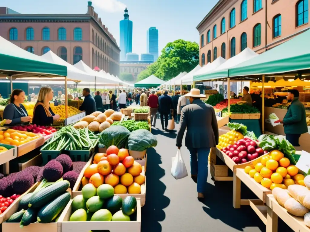 Vista vibrante de un bullicioso mercado urbano con variedad de productos frescos en exhibición