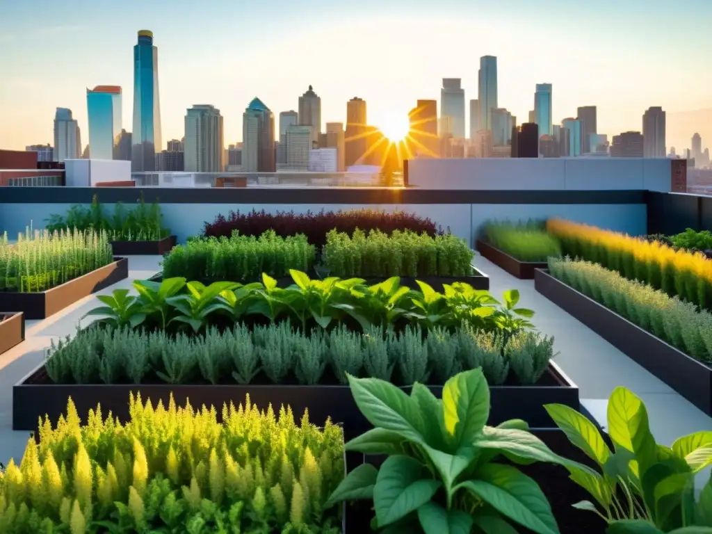 Vista vibrante de un cultivo de quinoa en entornos urbanos, con plantas saludables y moderna arquitectura de fondo