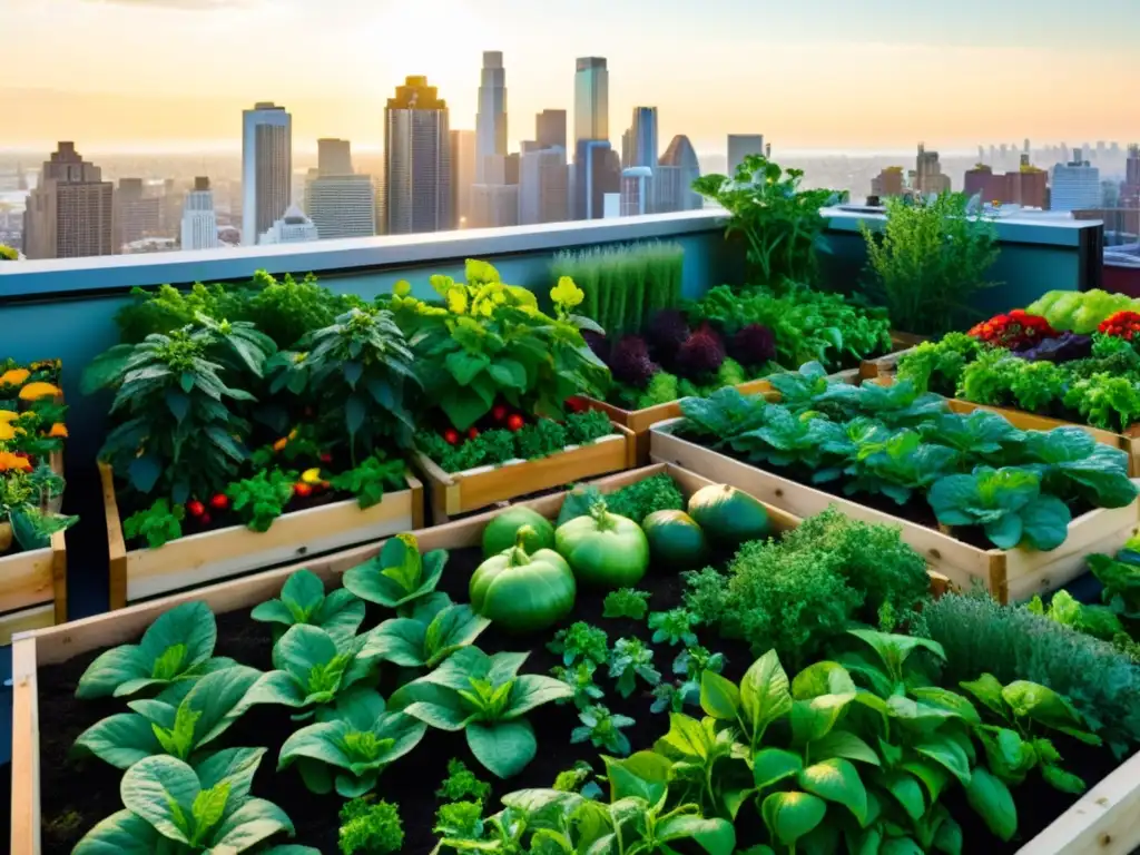 Una vista vibrante y detallada de un jardín urbano sostenible, con vegetales, frutas y hierbas prosperando en una perspectiva de agricultura urbana