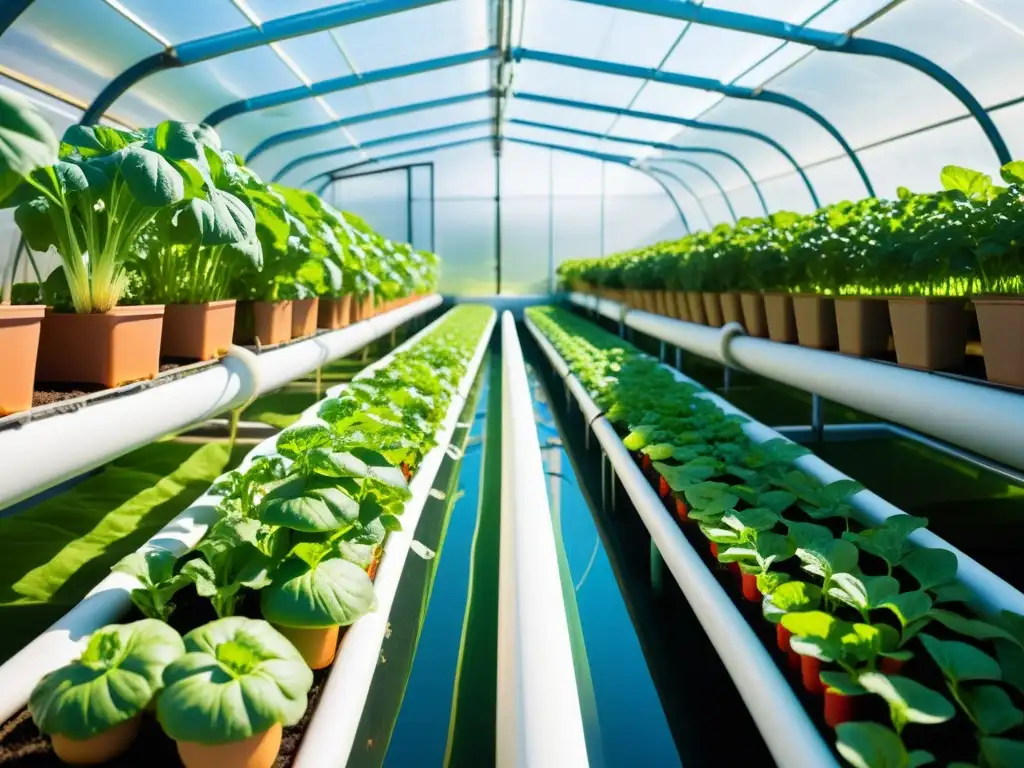 Vista vibrante de granja acuapónica con verduras y hortalizas coloridas en camas de agua, destacando fitonutrientes para salud cardiovascular
