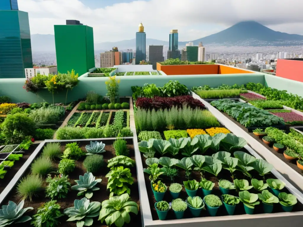 Vista vibrante de un jardín urbano en México, con vegetación exuberante y el horizonte de la ciudad al fondo