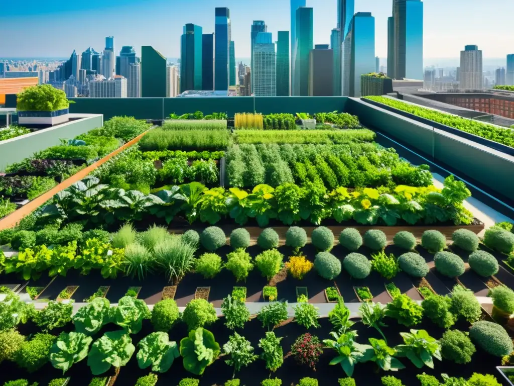 Vista aérea vibrante de un próspero jardín urbano rodeado de rascacielos, destacando la integración de la agricultura en espacios urbanos