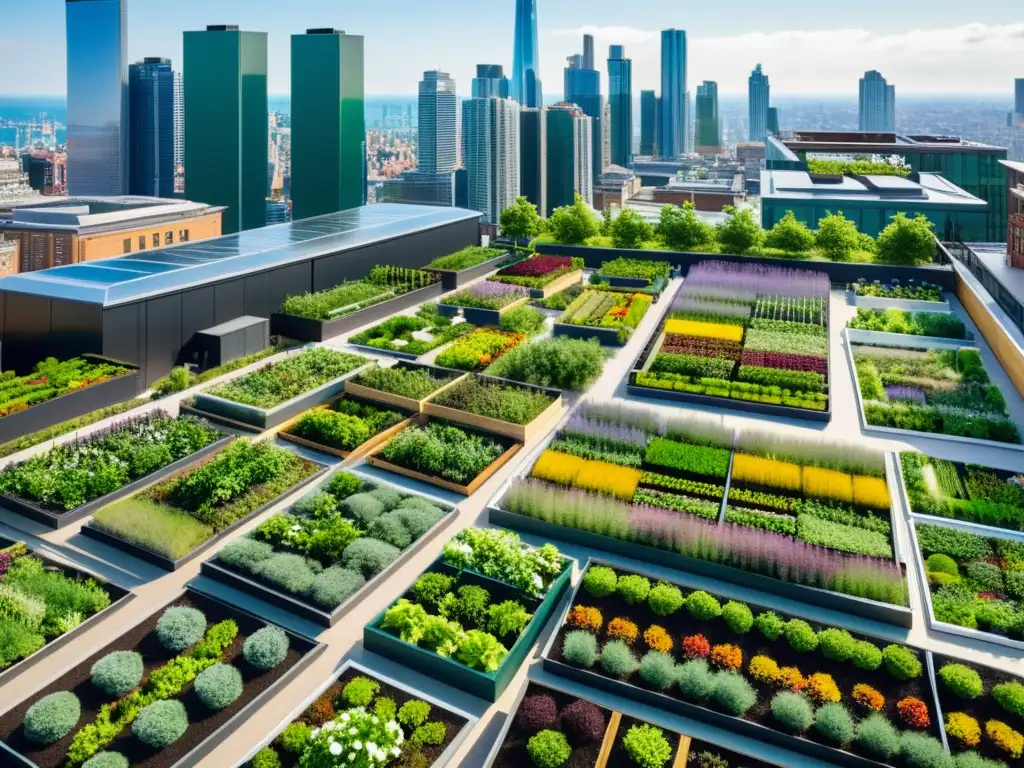 Vistas aéreas de huertos urbanos vibrantes y modernos, mostrando la armonía entre la ciudad y la naturaleza