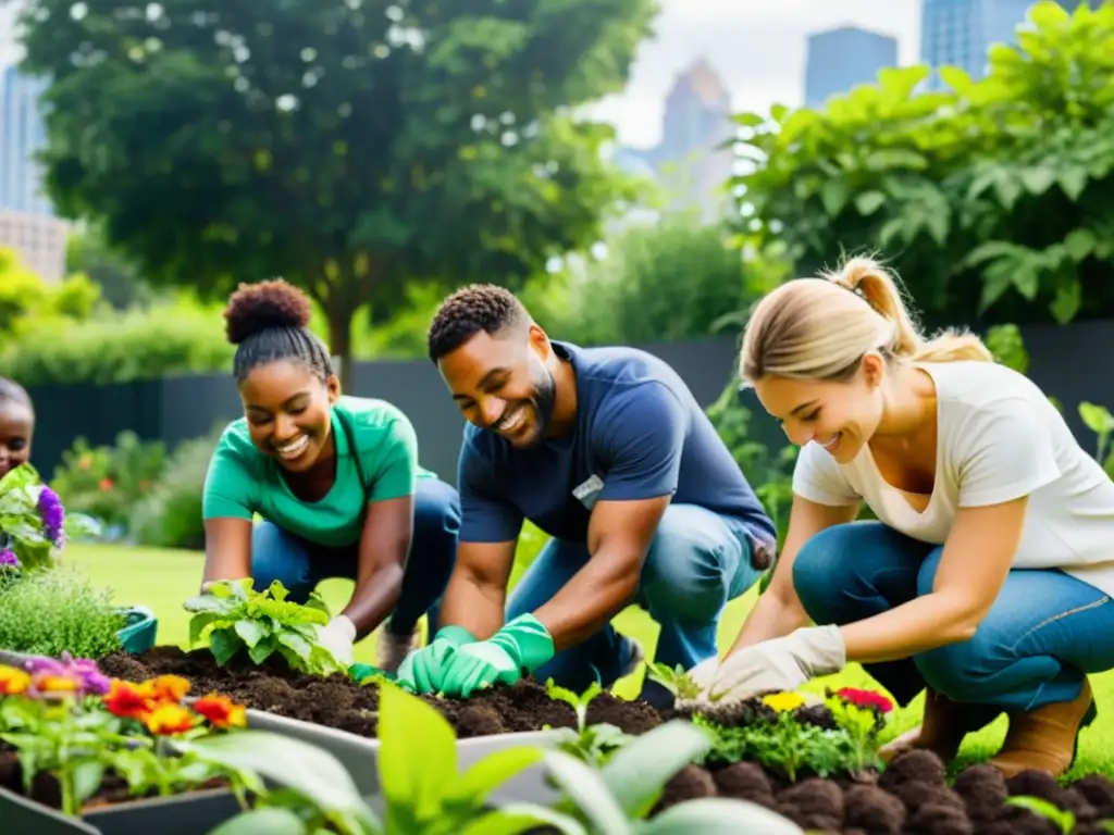 Voluntariado en agricultura urbana: diversidad de voluntarios sonrientes plantan semillas en un jardín vibrante con la ciudad de fondo