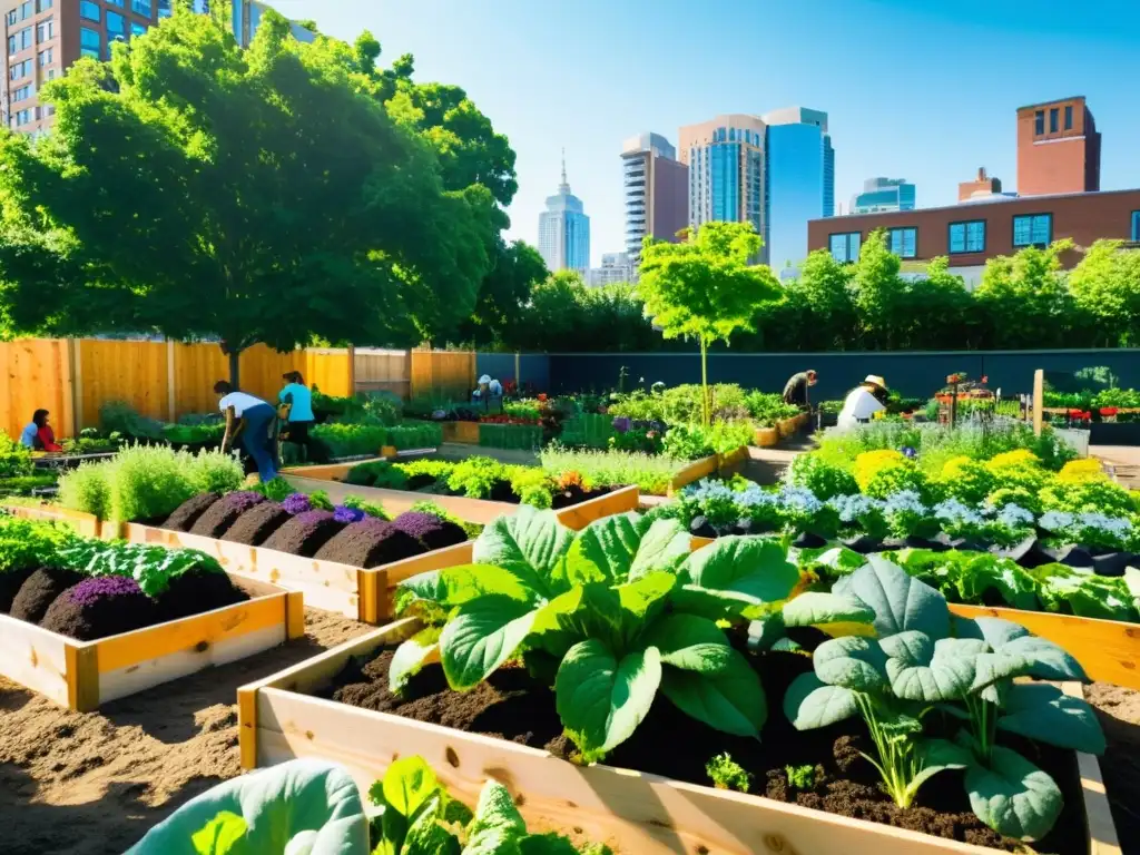 Voluntariado en agricultura urbana inclusiva: Jardín comunitario vibrante y diverso, con huertos rebosantes de variedad de vegetales coloridos, y voluntarios de todas las edades y orígenes trabajando en armonía con la naturaleza en contraste con los edificios de la ciudad