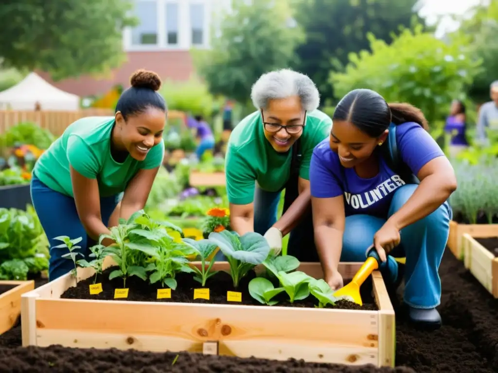 Voluntariado en agricultura urbana inclusiva: Diversidad de edades, etnias y habilidades colaborando en un jardín urbano vibrante y colorido