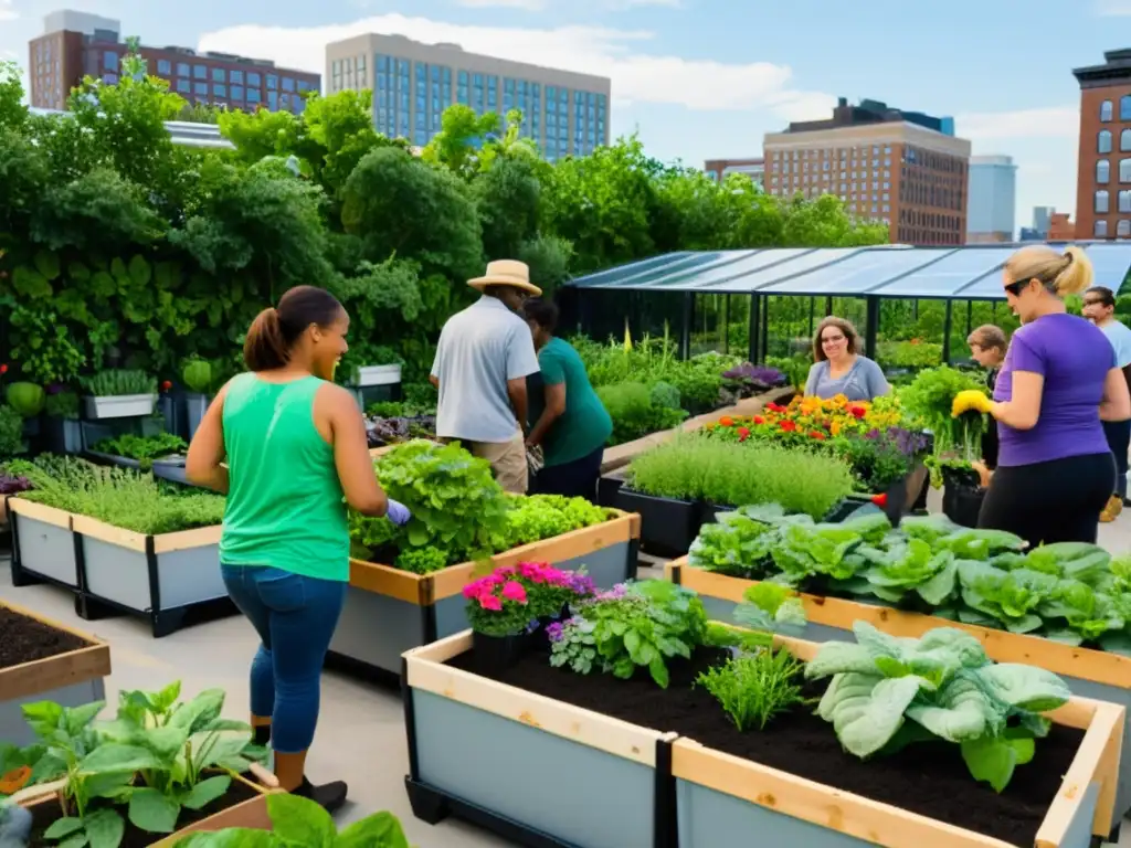 Voluntariado en agricultura urbana inclusiva: Comunidad diversa cuida jardín con frutas, verduras y flores en azotea urbana, con vista a la ciudad