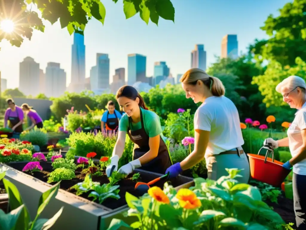 Voluntariado en agricultura urbana: manos a la tierra, un grupo disfruta de la cosecha rodeado de naturaleza y la ciudad al fondo