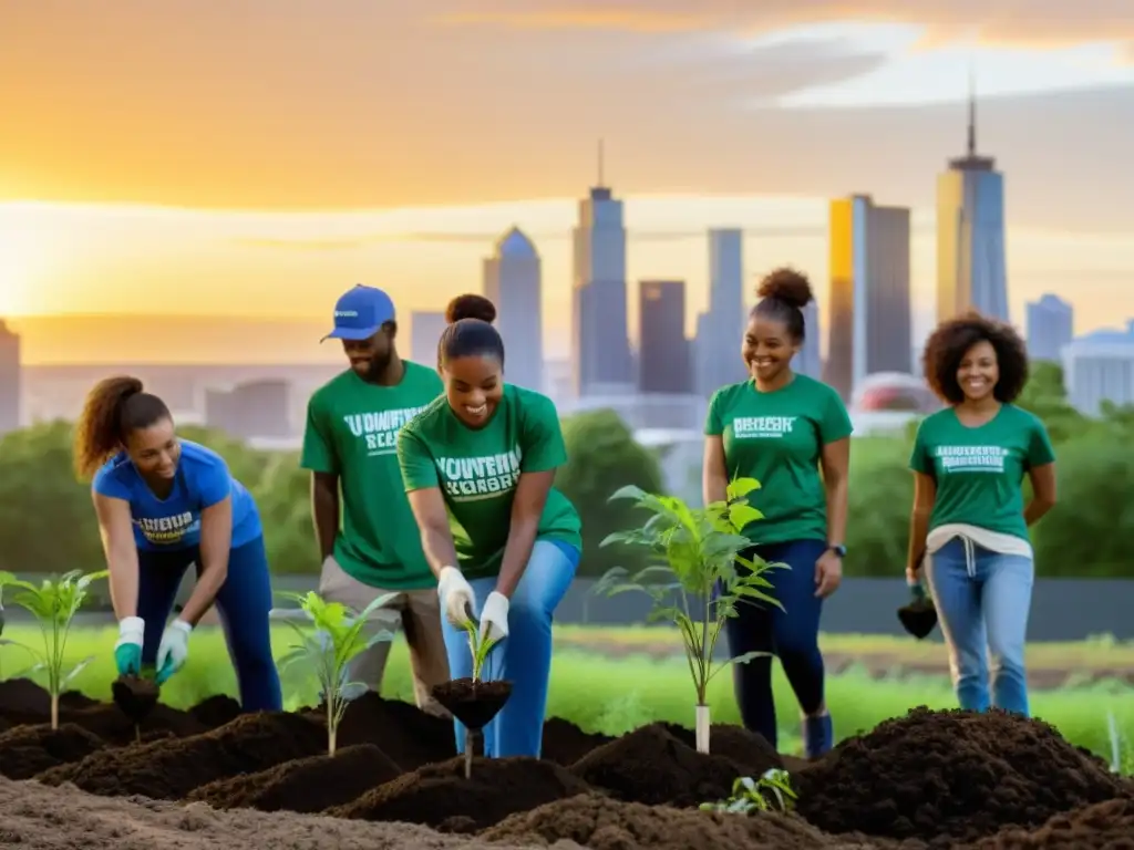 Voluntariado sostenibilidad urbana impacto ambiental: Grupo diverso planta árboles en la ciudad, con rascacielos y atardecer vibrante