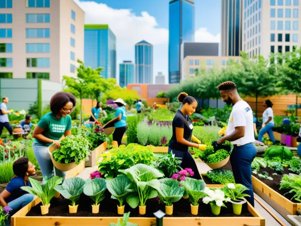 Voluntarios promueven la agricultura urbana en un jardín vibrante rodeado de edificios altos, cultivando frutas, flores y verduras