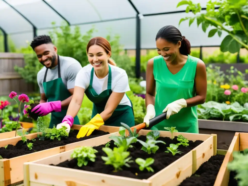 'Voluntarios disfrutan de los beneficios personales del voluntariado en huertos urbanos, cuidando plantas vibrantes en un jardín urbano