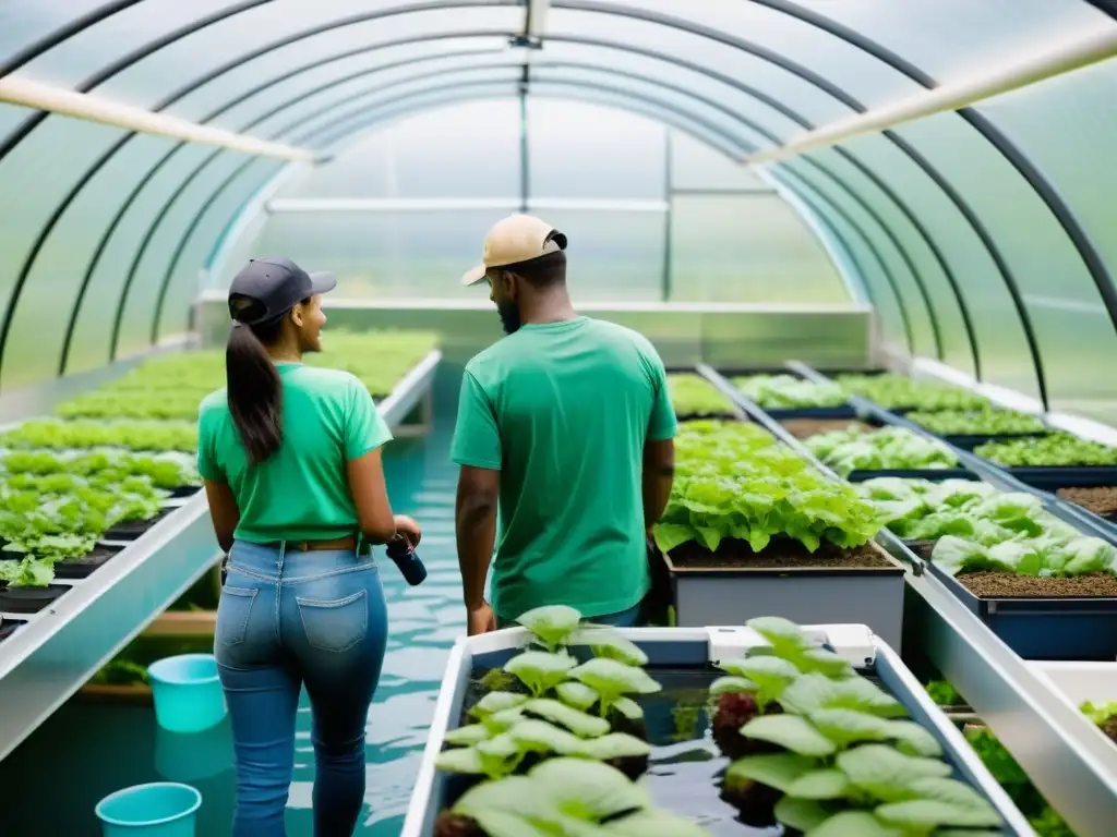 Voluntarios diversificados trabajan en granja acuapónica sostenible con tecnología moderna, fomentando la acuaponía social