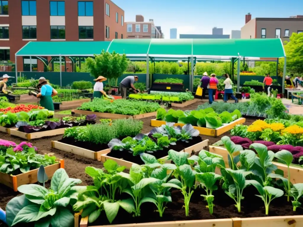 Voluntarios de todas las edades trabajan juntos en un vibrante jardín comunitario en un entorno urbano, exudando comunidad y sostenibilidad