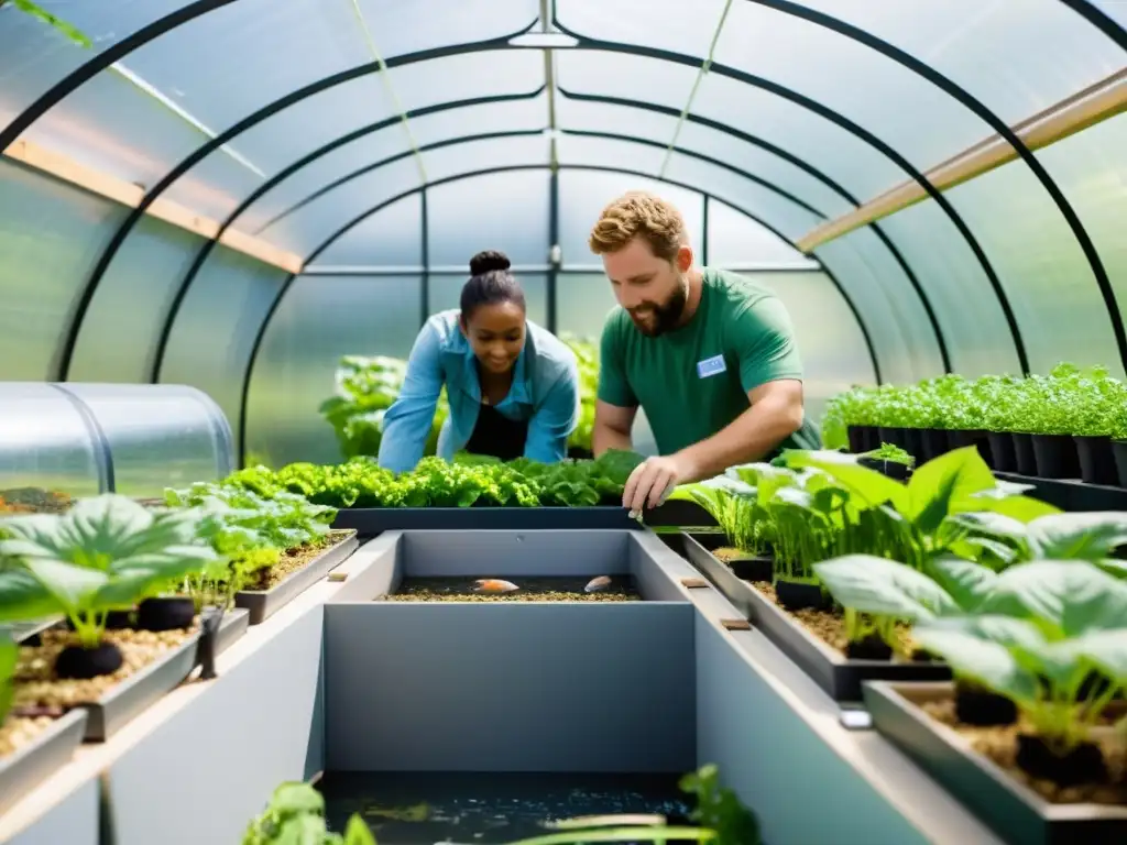 Voluntarios cuidan plantas y peces en un jardín de acuaponía social sostenible, promoviendo la colaboración y la sostenibilidad ambiental