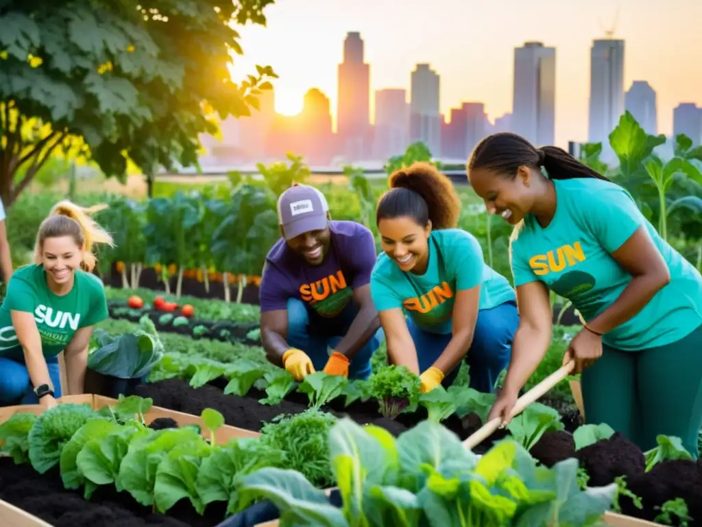 Voluntarios proyectos agricultura urbana trabajando en jardín urbano al atardecer