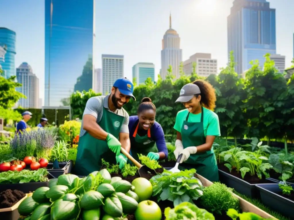 Voluntarios en proyectos de agricultura urbana trabajando en un jardín vibrante, uniendo naturaleza y comunidad en la ciudad