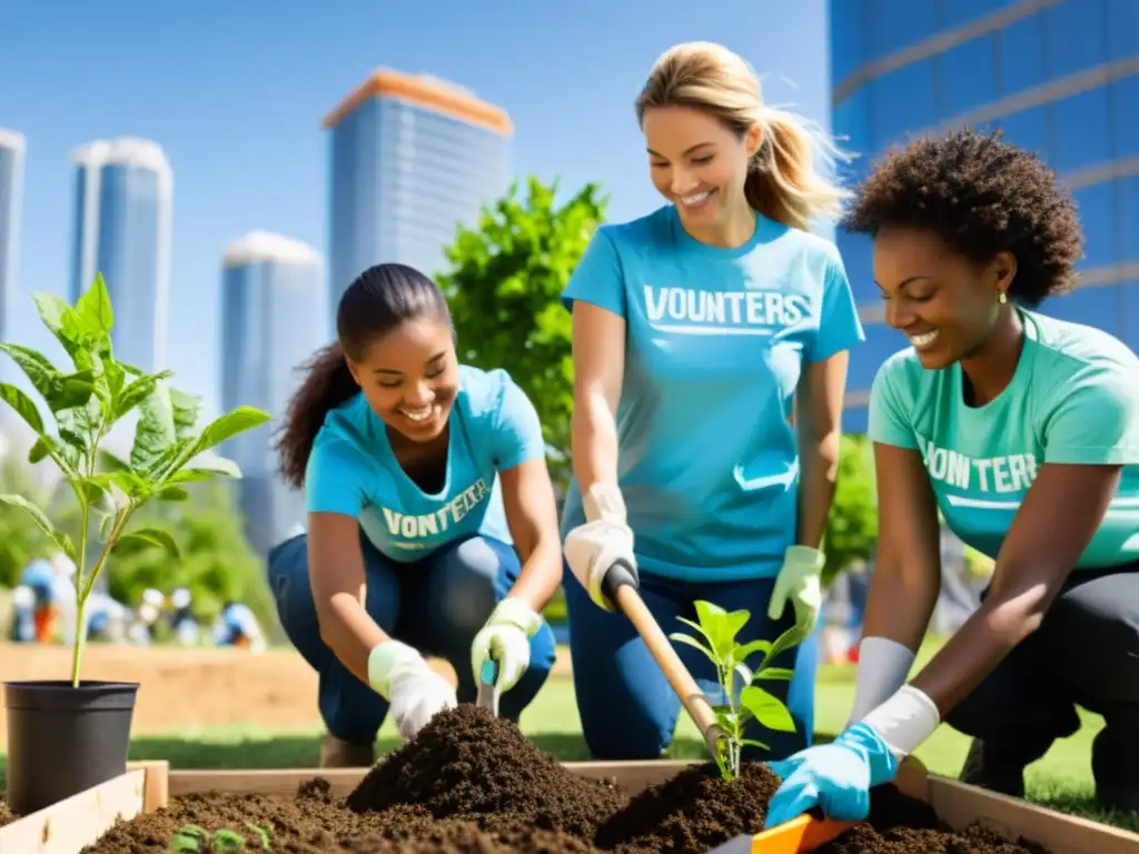 Voluntarios promoviendo sostenibilidad urbana al plantar árboles en una comunidad, impactando positivamente el entorno urbano