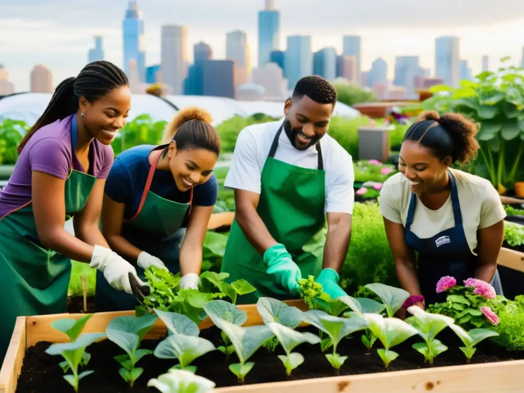 Voluntarios de acuaponía social sostenible trabajando juntos en un vibrante jardín urbano, cultivando plantas y flores