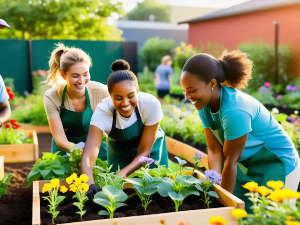 Voluntarios colaboran en jardín urbano, rodeados de flores y plantas